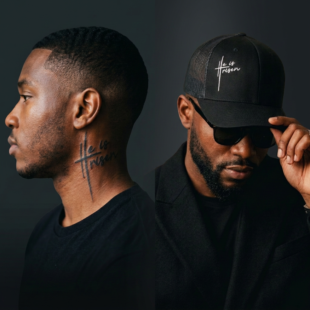 The HE IS RISEN neck tattoo beside the HE IS RISEN cap